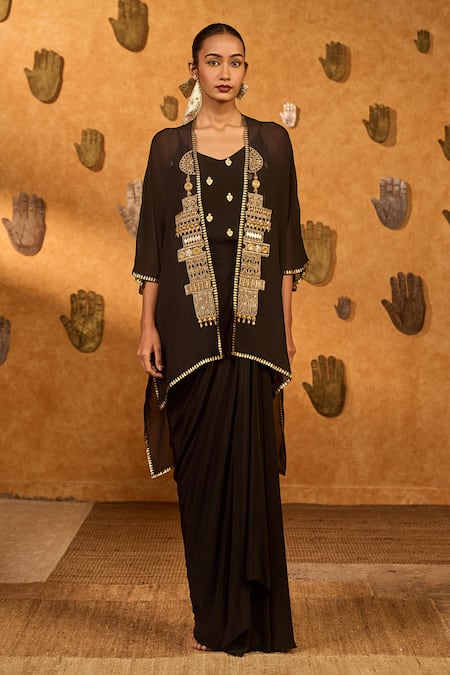 Masaba Black Heartbeat Draped Cape Set 