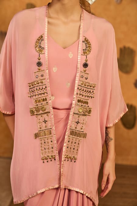 Masaba Pink Crepe Foil Printing Open Neck, Champagne Heartbeat Draped Skirt And Cape Set Online at Aza Fashions Masaba_Pink Crepe Foil Printing Open Neck, Champagne Heartbeat Draped Skirt And Cape Set _Online_at_Aza_Fashions