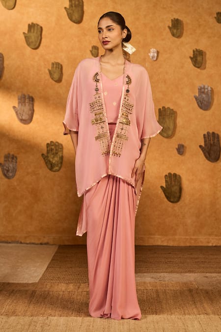 Buy Masaba Pink Crepe Foil Printing Open Neck, Champagne Heartbeat Draped Skirt And Cape Set Online at Aza Fashions Buy_Masaba_Pink Crepe Foil Printing Open Neck, Champagne Heartbeat Draped Skirt And Cape Set _Online_at_Aza_Fashions