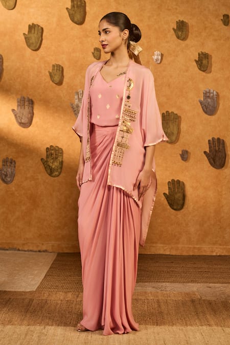 Shop Masaba Pink Crepe Foil Printing Open Neck, Champagne Heartbeat Draped Skirt And Cape Set Online at Aza Fashions Shop_Masaba_Pink Crepe Foil Printing Open Neck, Champagne Heartbeat Draped Skirt And Cape Set _Online_at_Aza_Fashions