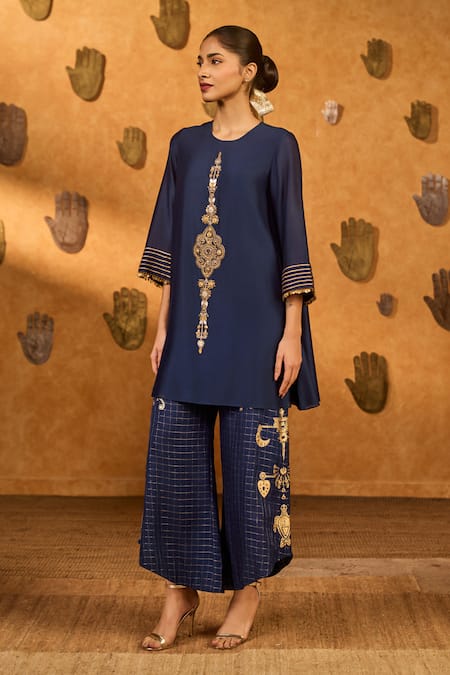 Buy_Masaba_Sapphire Silk Gota Patti, Embroidery, Foil Printing, Whispering Kurta And Pant Set _Online_at_Aza_Fashions