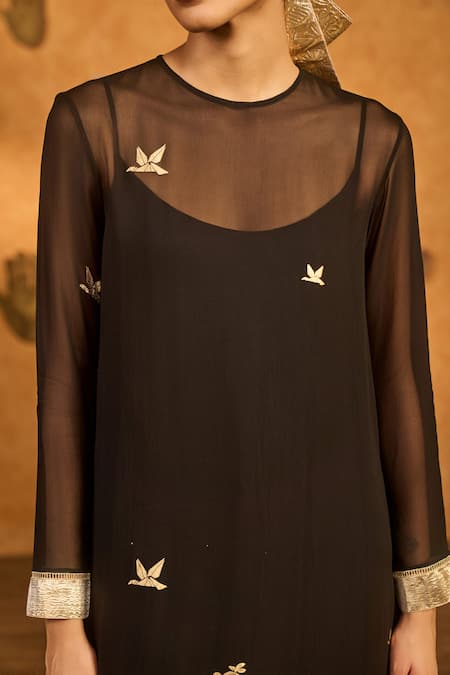 Masaba_Black Silk, Georgette Gota Patti, Foil Stillwater Bloom Anarkali With Kurta _Online_at_Aza_Fashions