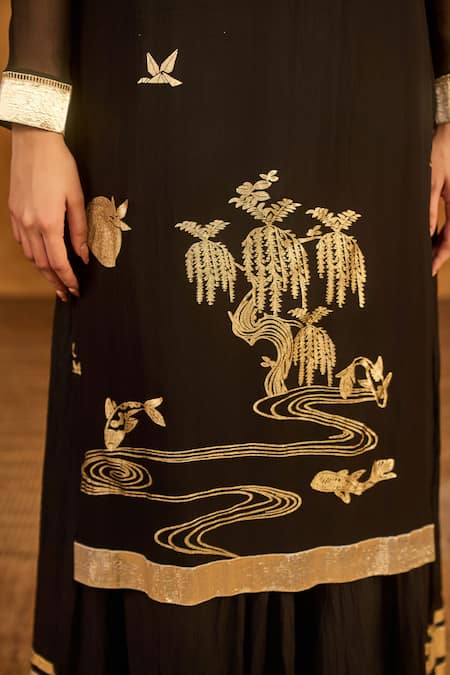 Buy_Masaba_Black Silk, Georgette Gota Patti, Foil Stillwater Bloom Anarkali With Kurta _Online_at_Aza_Fashions