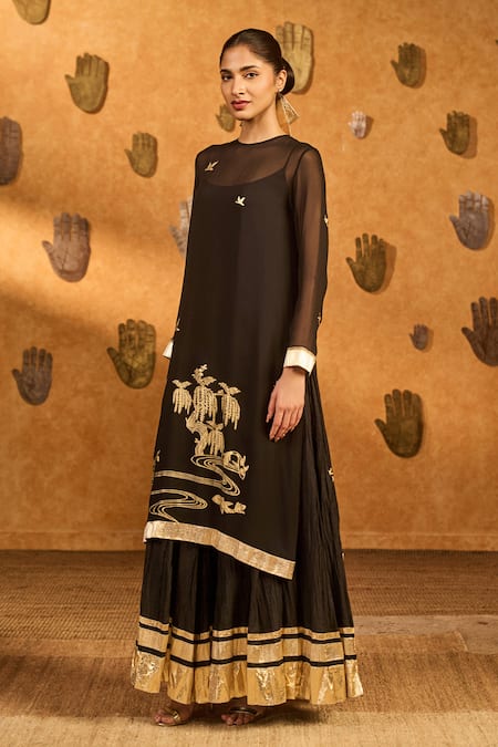 Masaba_Black Silk, Georgette Gota Patti, Foil Stillwater Bloom Anarkali With Kurta _at_Aza_Fashions