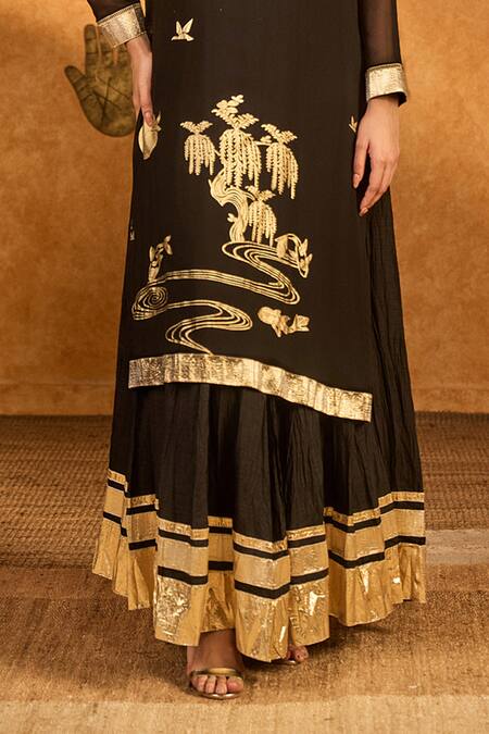 Shop_Masaba_Black Silk, Georgette Gota Patti, Foil Stillwater Bloom Anarkali With Kurta 
