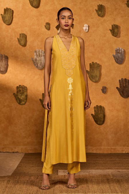 Masaba_Yellow Georgette Foil Printing, Spiced Ochre Pop Pendant Anarkali And Jacket Set _Online_at_Aza_Fashions