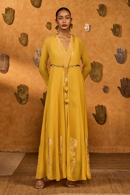 Shop_Masaba_Yellow Georgette Foil Printing, Spiced Ochre Pop Pendant Anarkali And Jacket Set 