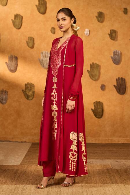 Masaba_Red Georgette, Silk Foil Printing, Gota Pop Pod Pendant Anarkali And Jacket Set _Online_at_Aza_Fashions