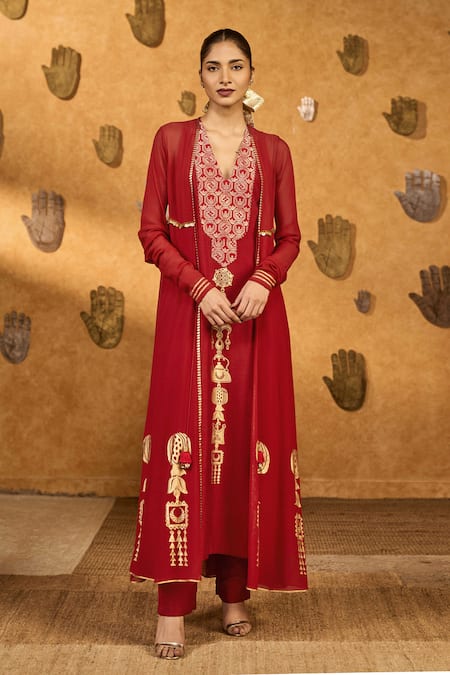 Masaba Red Pop Pod Pendant Anarkali & Jacket Set 