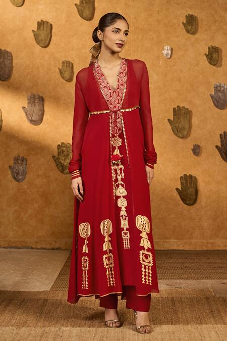 Shop_Masaba_Red Georgette, Silk Foil Printing, Gota Pop Pod Pendant Anarkali And Jacket Set _Online_at_Aza_Fashions