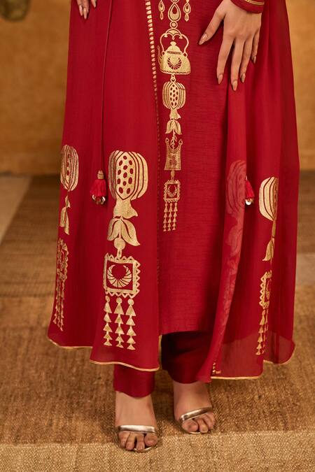 Masaba_Red Georgette, Silk Foil Printing, Gota Pop Pod Pendant Anarkali And Jacket Set _at_Aza_Fashions