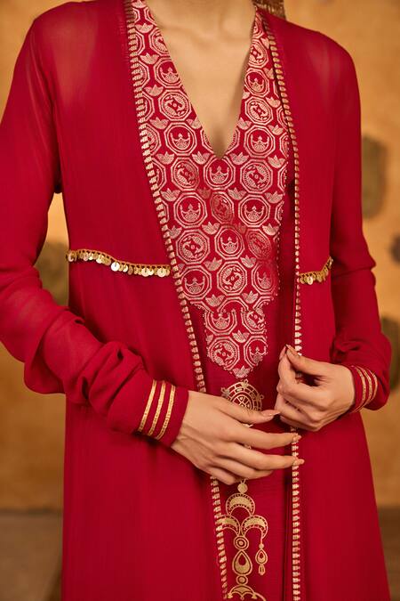 Buy_Masaba_Red Georgette, Silk Foil Printing, Gota Pop Pod Pendant Anarkali And Jacket Set 