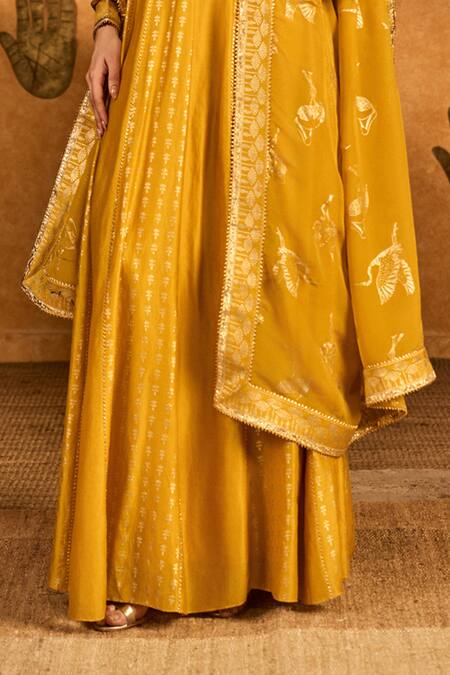 Masaba Yellow Chanderi, Organza Foil Printing, Ochre Snow Light Anarkali With Dupatta Online at Aza Fashions Masaba_Yellow Chanderi, Organza Foil Printing, Ochre Snow Light Anarkali With Dupatta _Online_at_Aza_Fashions