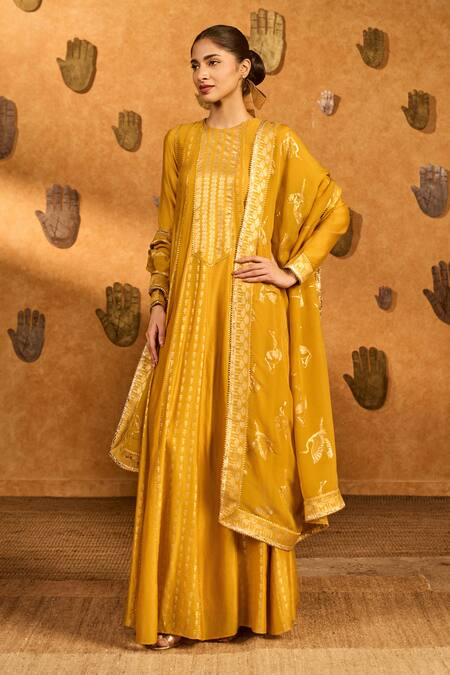 Buy Masaba Yellow Chanderi, Organza Foil Printing, Ochre Snow Light Anarkali With Dupatta Online at Aza Fashions Buy_Masaba_Yellow Chanderi, Organza Foil Printing, Ochre Snow Light Anarkali With Dupatta _Online_at_Aza_Fashions