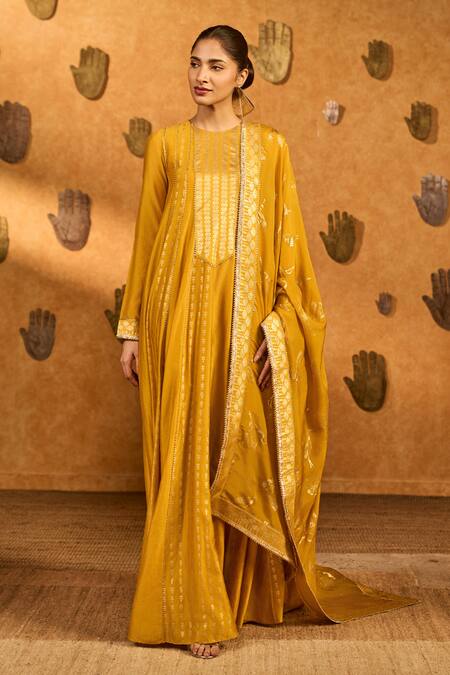 Shop Masaba Yellow Chanderi, Organza Foil Printing, Ochre Snow Light Anarkali With Dupatta Online at Aza Fashions Shop_Masaba_Yellow Chanderi, Organza Foil Printing, Ochre Snow Light Anarkali With Dupatta _Online_at_Aza_Fashions