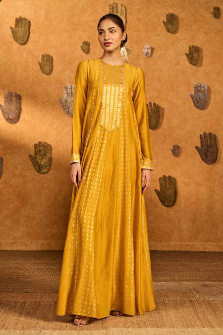 Masaba Yellow Chanderi, Organza Foil Printing, Ochre Snow Light Anarkali With Dupatta at Aza Fashions Masaba_Yellow Chanderi, Organza Foil Printing, Ochre Snow Light Anarkali With Dupatta _at_Aza_Fashions
