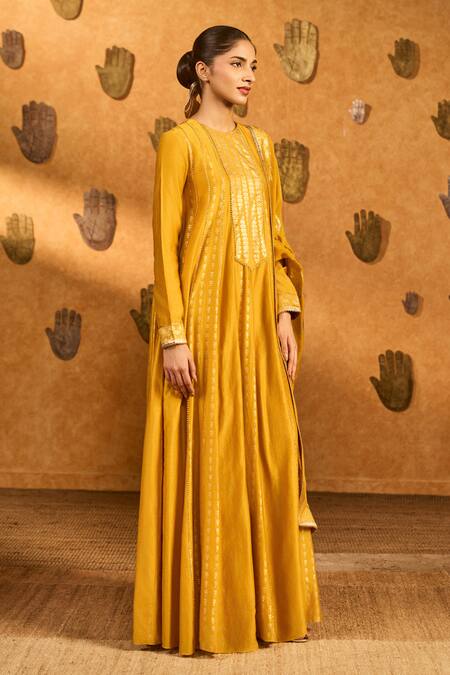 Buy Masaba Yellow Chanderi, Organza Foil Printing, Ochre Snow Light Anarkali With Dupatta Buy_Masaba_Yellow Chanderi, Organza Foil Printing, Ochre Snow Light Anarkali With Dupatta