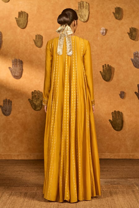 Shop Masaba Yellow Chanderi, Organza Foil Printing, Ochre Snow Light Anarkali With Dupatta at Aza Fashions Shop_Masaba_Yellow Chanderi, Organza Foil Printing, Ochre Snow Light Anarkali With Dupatta _at_Aza_Fashions