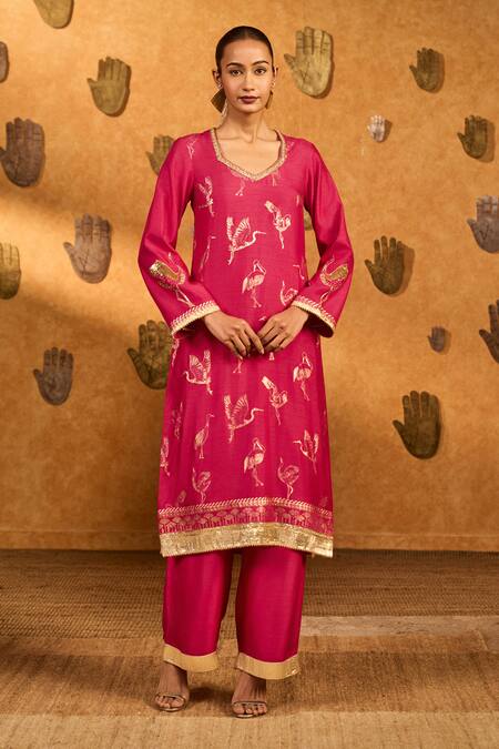 Buy_Masaba_Pink Silk, Shantoon, Organza Foil Printing, Crane Dawn Kurta Pant Set _Online_at_Aza_Fashions