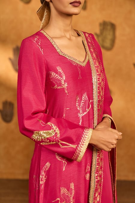 Shop_Masaba_Pink Silk, Shantoon, Organza Foil Printing, Crane Dawn Kurta Pant Set _Online_at_Aza_Fashions
