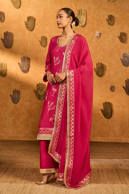 Masaba_Pink Silk, Shantoon, Organza Foil Printing, Crane Dawn Kurta Pant Set _at_Aza_Fashions