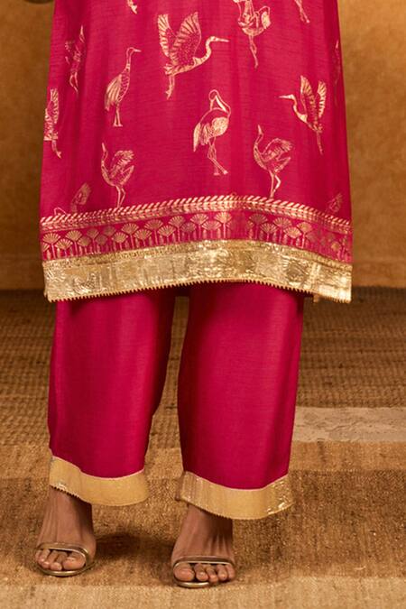 Buy_Masaba_Pink Silk, Shantoon, Organza Foil Printing, Crane Dawn Kurta Pant Set 