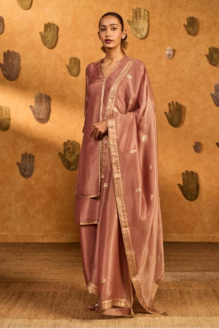 Masaba_Mauve Tissue, Silk Embroidery, Foil Printing, Tassels, Tea Blossom Kurta Set _Online_at_Aza_Fashions