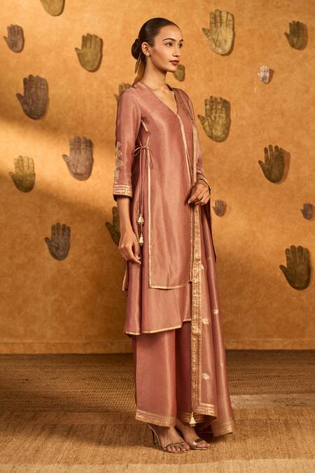 Buy_Masaba_Mauve Tissue, Silk Embroidery, Foil Printing, Tassels, Tea Blossom Kurta Set _Online_at_Aza_Fashions