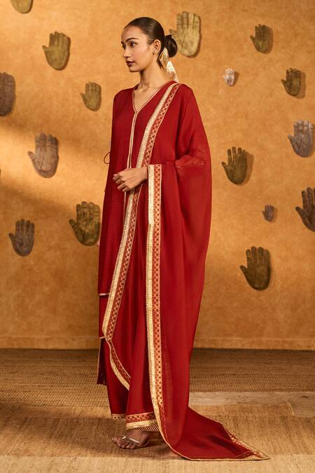 Buy_Masaba_Red Silk, Organza Embroidery, Zari, Gota Patti, Foil Mandarin Sky Kurta Pant Set _Online_at_Aza_Fashions