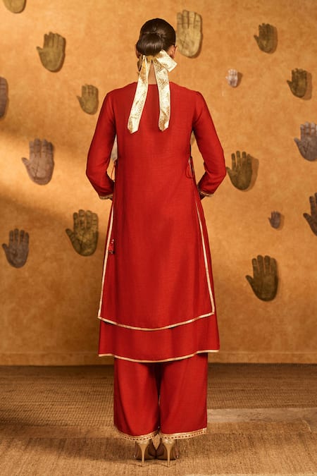 Masaba_Red Silk, Organza Embroidery, Zari, Gota Patti, Foil Mandarin Sky Kurta Pant Set _at_Aza_Fashions