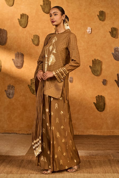 Masaba_Brown Silk Foil Printing, Lace, Sequins Round Neck Trinklet Tree Kurta Pant Set _Online_at_Aza_Fashions