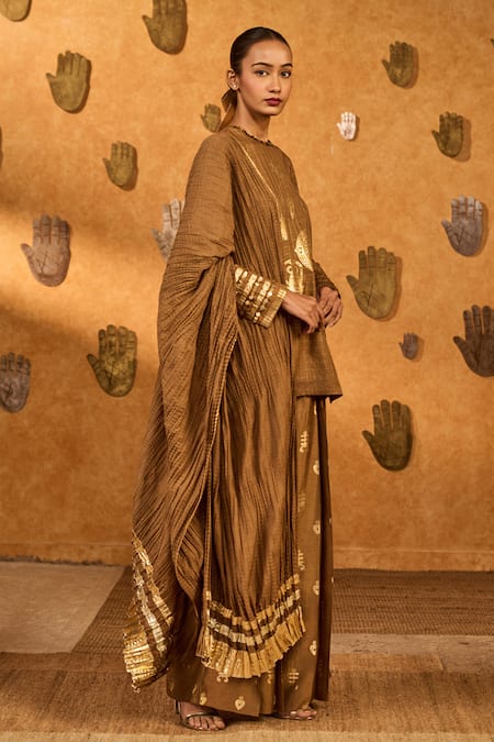 Buy_Masaba_Brown Silk Foil Printing, Lace, Sequins Round Neck Trinklet Tree Kurta Pant Set _Online_at_Aza_Fashions