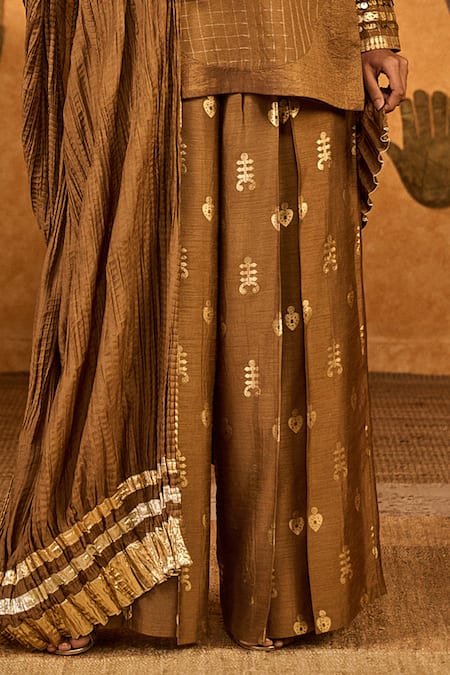 Shop_Masaba_Brown Silk Foil Printing, Lace, Sequins Round Neck Trinklet Tree Kurta Pant Set _Online_at_Aza_Fashions