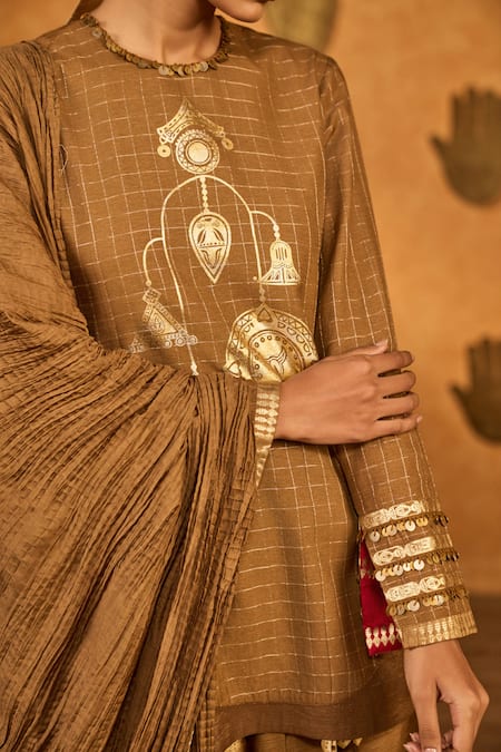 Masaba_Brown Silk Foil Printing, Lace, Sequins Round Neck Trinklet Tree Kurta Pant Set _at_Aza_Fashions