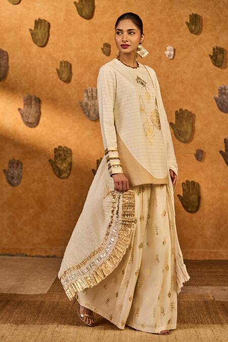 Masaba_Ivory Silk Foil Printing, Lace, Embroidery, Zari Trinklet Tree Kurta Pant Set _Online_at_Aza_Fashions