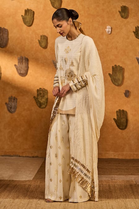 Buy_Masaba_Ivory Silk Foil Printing, Lace, Embroidery, Zari Trinklet Tree Kurta Pant Set _Online_at_Aza_Fashions