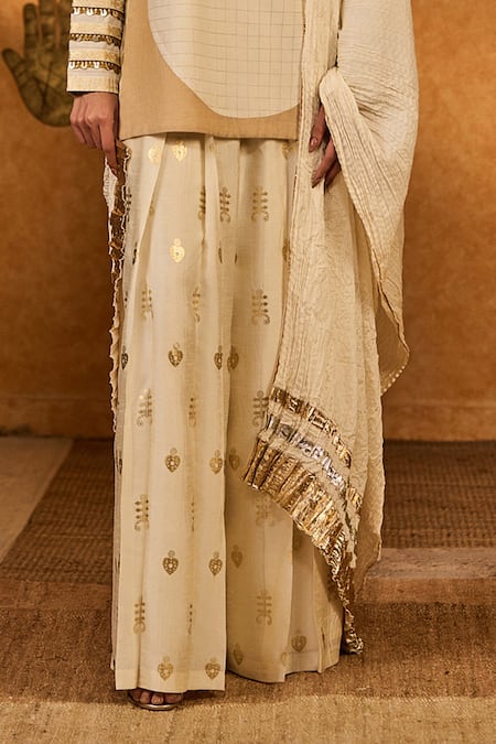 Shop_Masaba_Ivory Silk Foil Printing, Lace, Embroidery, Zari Trinklet Tree Kurta Pant Set _Online_at_Aza_Fashions