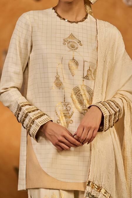 Masaba_Ivory Silk Foil Printing, Lace, Embroidery, Zari Trinklet Tree Kurta Pant Set _at_Aza_Fashions