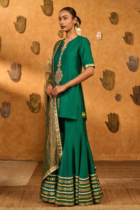 Masaba Green Silk, Tissue Embroidery, Tassels, Zari, Foil Printing Gilded Sharara Set Online at Aza Fashions Masaba_Green Silk, Tissue Embroidery, Tassels, Zari, Foil Printing Gilded Sharara Set _Online_at_Aza_Fashions