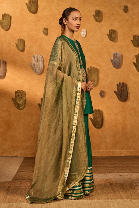 Buy Masaba Green Silk, Tissue Embroidery, Tassels, Zari, Foil Printing Gilded Sharara Set Online at Aza Fashions Buy_Masaba_Green Silk, Tissue Embroidery, Tassels, Zari, Foil Printing Gilded Sharara Set _Online_at_Aza_Fashions