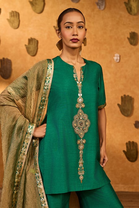 Shop Masaba Green Silk, Tissue Embroidery, Tassels, Zari, Foil Printing Gilded Sharara Set Online at Aza Fashions Shop_Masaba_Green Silk, Tissue Embroidery, Tassels, Zari, Foil Printing Gilded Sharara Set _Online_at_Aza_Fashions