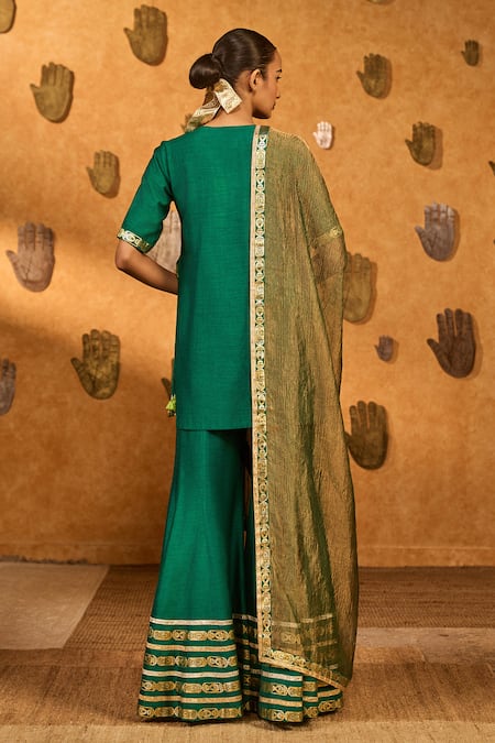 Shop Masaba Green Silk, Tissue Embroidery, Tassels, Zari, Foil Printing Gilded Sharara Set at Aza Fashions Shop_Masaba_Green Silk, Tissue Embroidery, Tassels, Zari, Foil Printing Gilded Sharara Set _at_Aza_Fashions