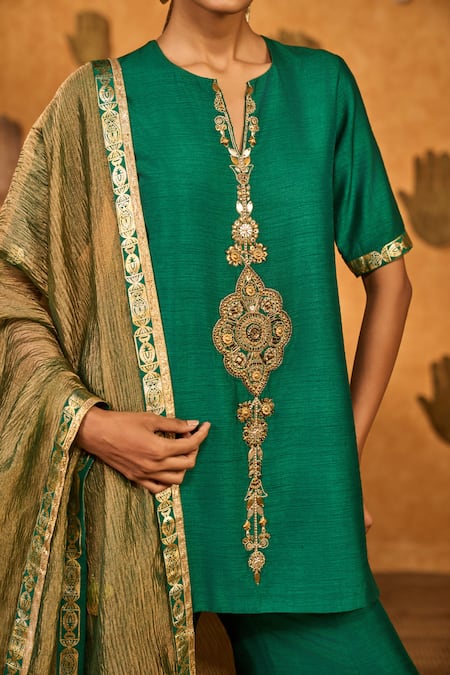 Buy Masaba Green Silk, Tissue Embroidery, Tassels, Zari, Foil Printing Gilded Sharara Set Buy_Masaba_Green Silk, Tissue Embroidery, Tassels, Zari, Foil Printing Gilded Sharara Set
