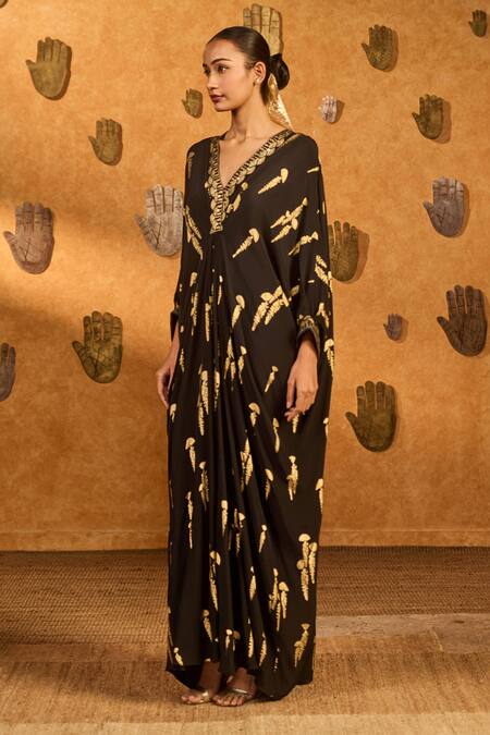 Shop_Masaba_Black Crepe, Silk Foil Printing V-neck Cherry Vine Kaftan _Online_at_Aza_Fashions