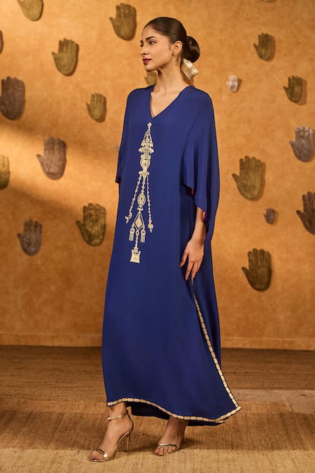 Buy_Masaba_Sapphire Crepe Foil Printing V-neck Tribal Whisper Kaftan _Online_at_Aza_Fashions