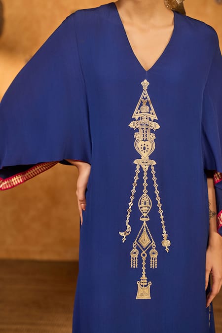 Shop_Masaba_Sapphire Crepe Foil Printing V-neck Tribal Whisper Kaftan _Online_at_Aza_Fashions