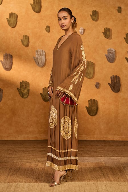 Buy_Masaba_Brown Crepe Zari, Sequins V-neck Mocha Muse Moonfish Kaftan _Online_at_Aza_Fashions