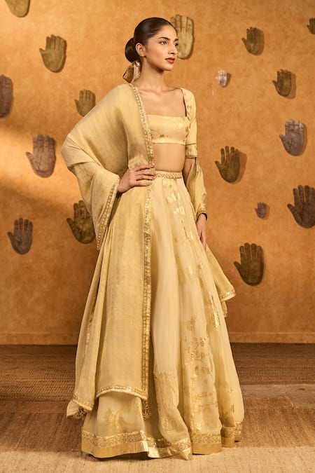 Shop Masaba Ivory Tissue, Silk Embroidery, Gota Patti, Zari, Tassels Sakura Lehenga Set Shop_Masaba_Ivory Tissue, Silk Embroidery, Gota Patti, Zari, Tassels Sakura Lehenga Set