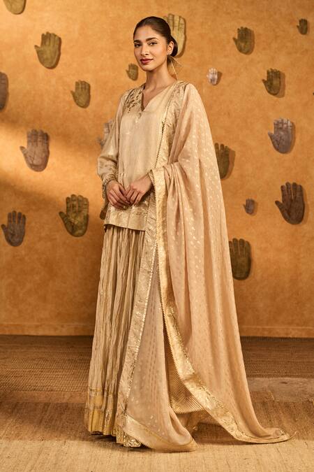 Shop_Masaba_Beige Silk, Organza Foil Printing, Gota Oatmeal Crane Dawn Kurta Skirt Set _Online_at_Aza_Fashions