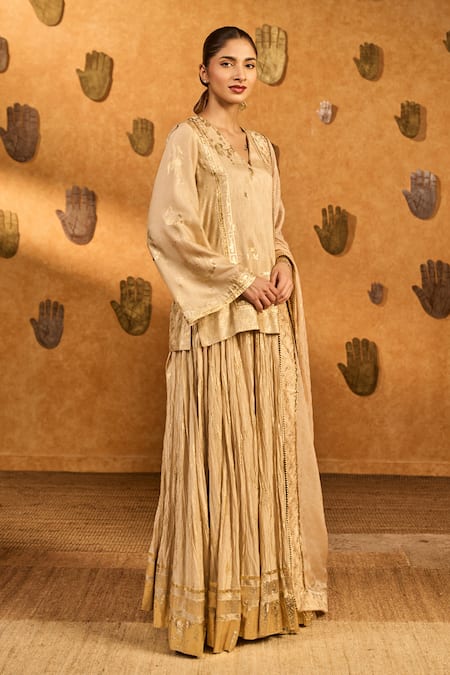Masaba_Beige Silk, Organza Foil Printing, Gota Oatmeal Crane Dawn Kurta Skirt Set _at_Aza_Fashions